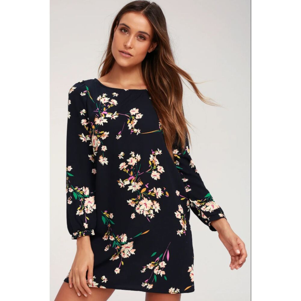 Lulus Herbaceous Babe Navy Dark Floral Print Shift Tunic Dress Size XS